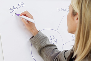 Woman writing on easel